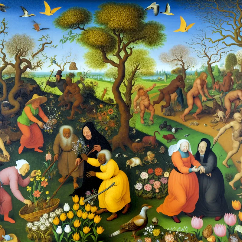 Lente scène met bloeiende bloemen, nieuwe bladeren aan bomen, en mensen die genieten van lenteworkshops en een picknick