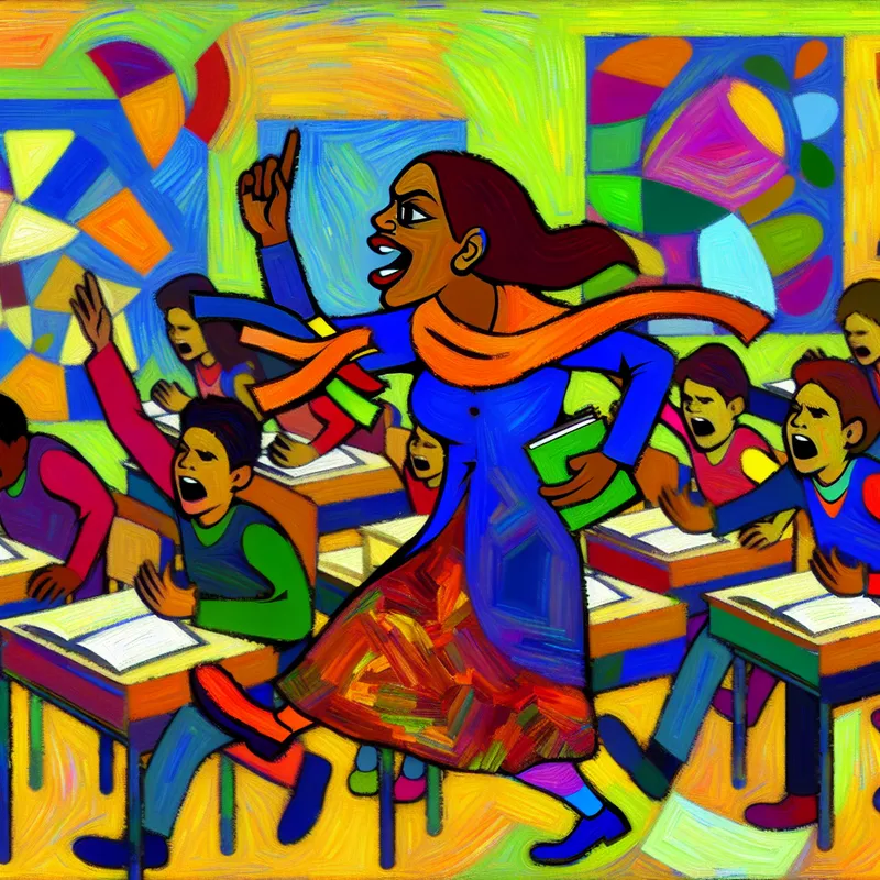 Levende scène van een leraar die studenten aanmoedigt in een kleurrijk klaslokaal