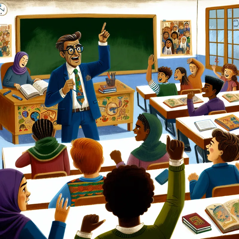 Onderwijsruimte met een enthousiaste leraar die vragen van studenten beantwoordt