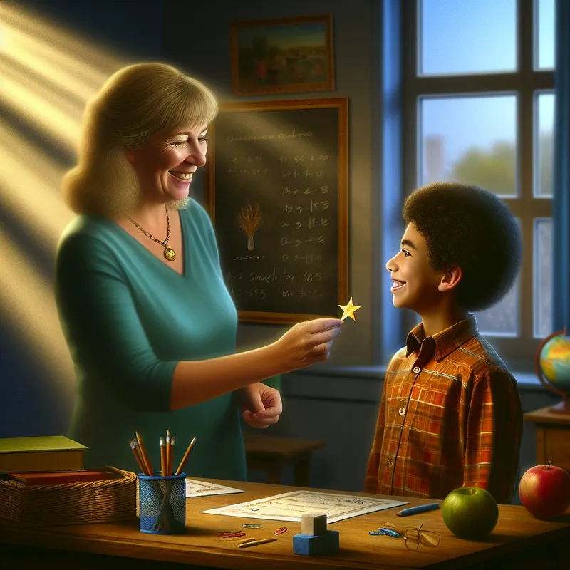 Een lerares geeft een gouden ster sticker aan een blije leerling in een warme klasomgeving.