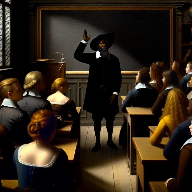 Een leraar staat voor een zwart bord en vraagt stilte terwijl leerlingen aandachtig naar hem kijken.