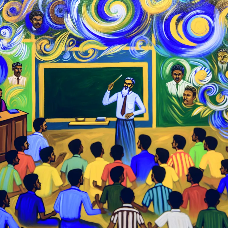 Een lerares die enthousiast lesgeeft in een kleurrijke klas met de woorden 'PUNT' op het bord, omringd door abstracte, levendige illustraties van verhalen.