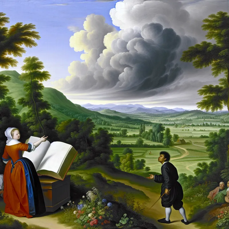 Een leraar naast een open boek in een rustige landelijke omgeving, terwijl een leerling knikt in erkenning van toestemming.