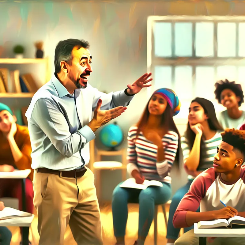 Een leraar legt enthousiast een complexe situatie uit aan een groep nieuwsgierige studenten in een gezellige klas.