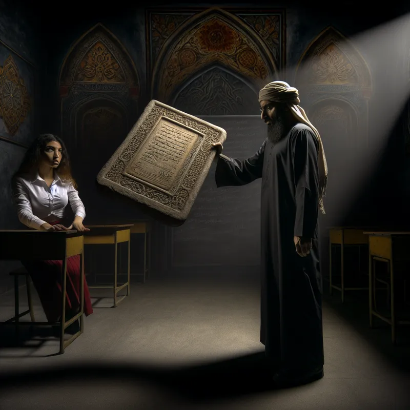 Een leraar overhandigt een zware stenen tablet met huiswerkopdrachten aan een student in een donker klaslokaal, symboliserend de verantwoordelijkheid.