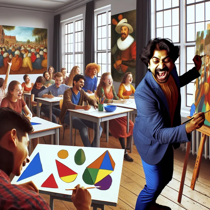 Een leraar die enthousiast geometrische vormen tekent in een zonverlichte klas, omringd door inspirerende studenten die aan hun eigen tekeningen werken.