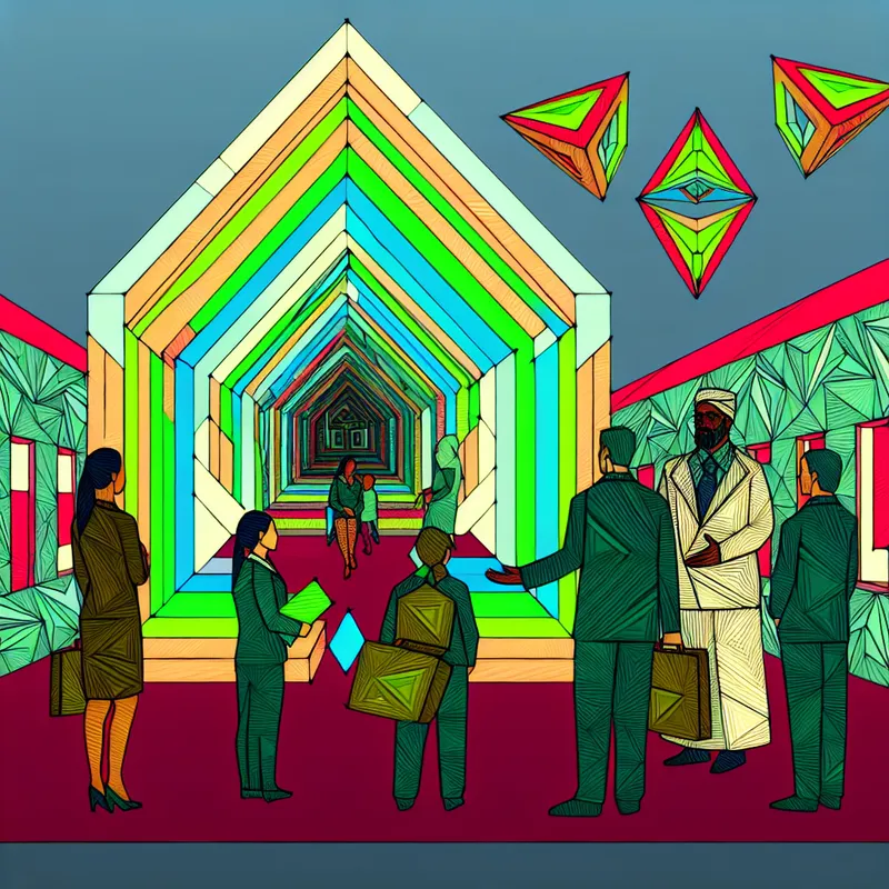 Surrealistische afbeelding van een leraar die ouders geruststelt in een schoolomgeving met geometrische patronen.