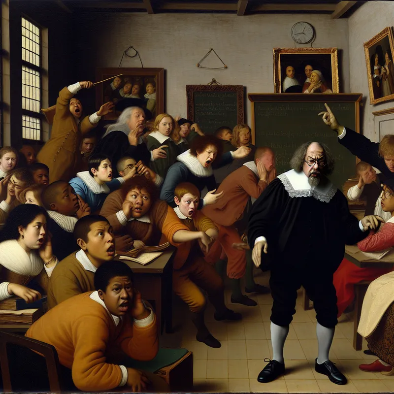 Een leraar in een chaotische klas probeert orde te scheppen te midden van afleidende leerlingen.