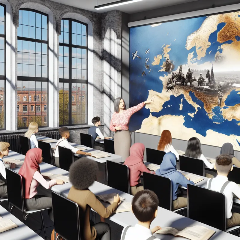 Een leraar die lesgeeft aan een groep studenten in een moderne klas; de leraar wijst op een digitaal scherm met beelden van de Tweede Wereldoorlog.