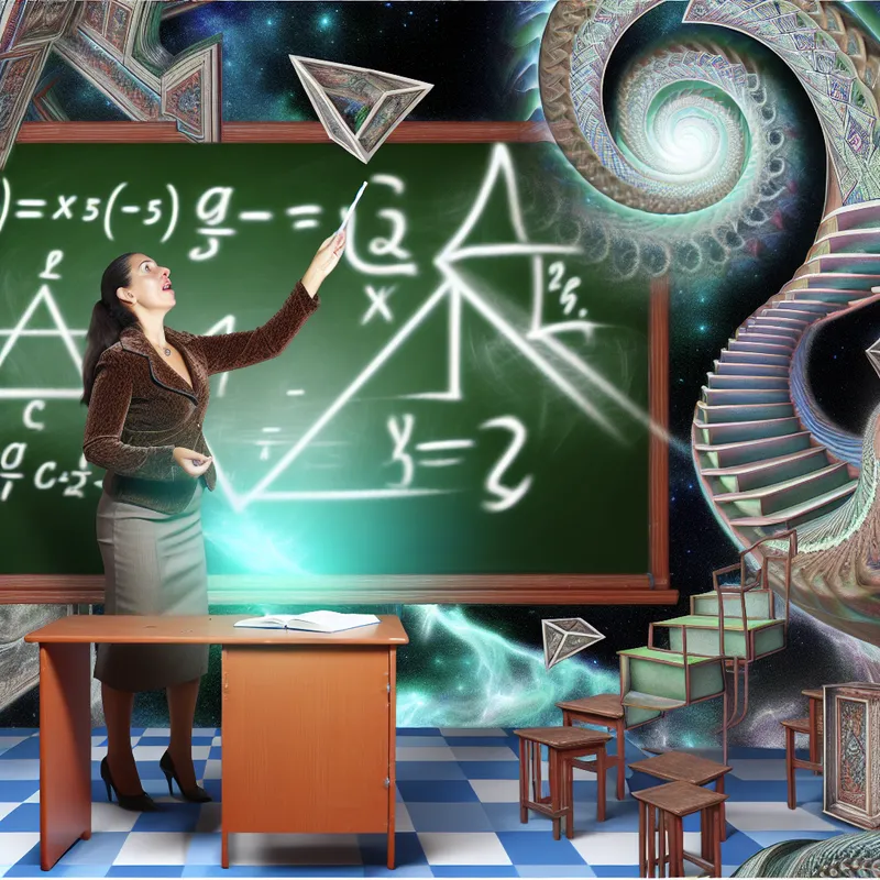 Een leraar schrijft op een krijtbord in een klaslokaal, omringd door geometrische patronen in de stijl van M.C. Escher.