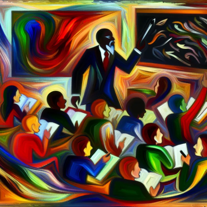 Abstract expressionist schilderij van een leraar die leerlingen leidt door een complexe probleem met energieke bewegingen en felle kleuren.