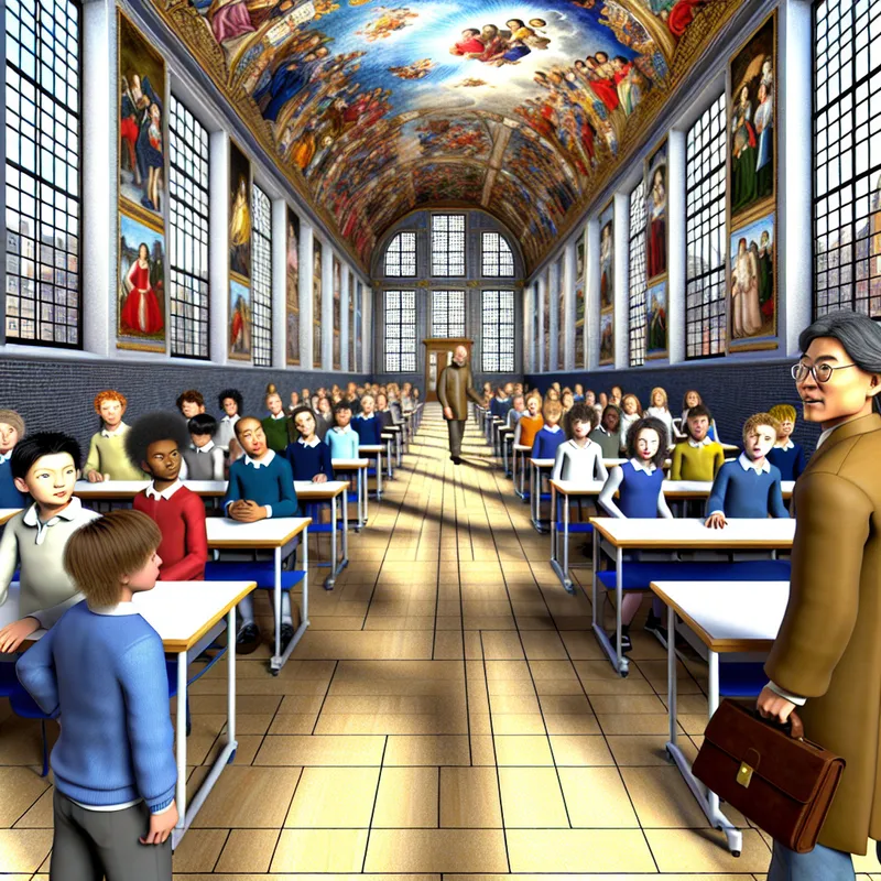 Een leraar nadert een groep onzekere studenten in een grandioze schoolhal met hoge plafonds en grote ramen.