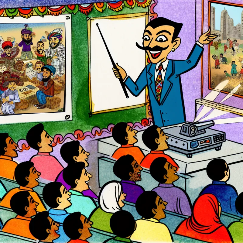 Een speelse cartoon van een lerares die een projector gebruikt in de klas, met enthousiaste studenten die naar een educatieve video kijken.