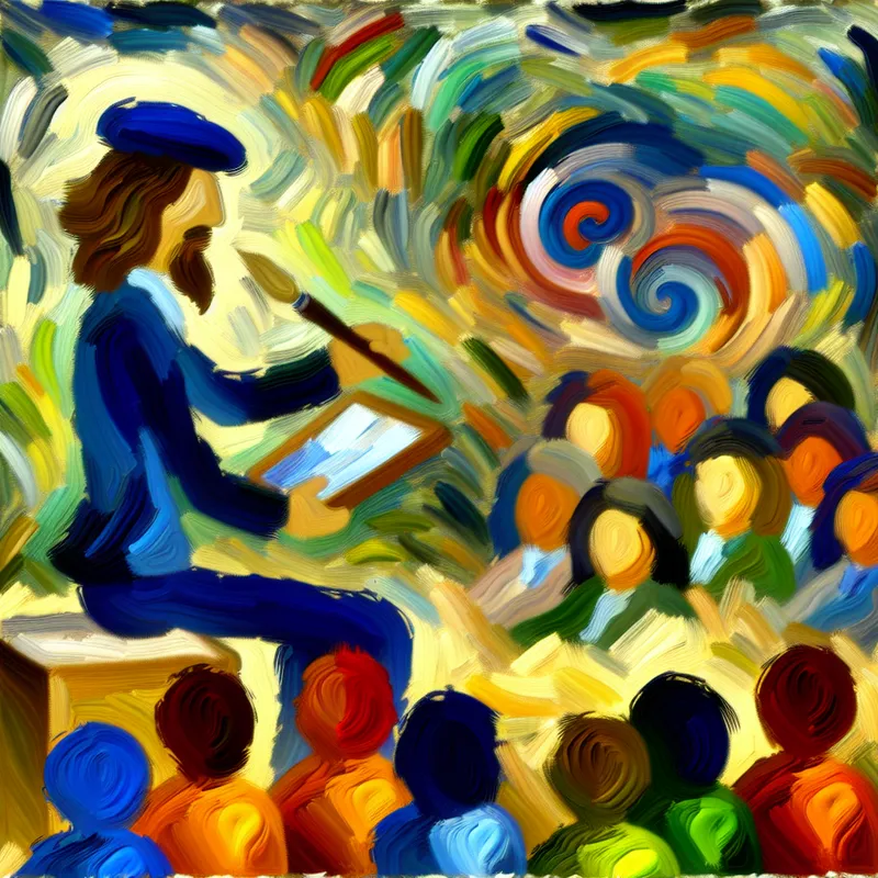 Abstract expressionist schilderij van een leraar die studenten observeert tijdens een presentatie, met dynamische kleuren en uitdrukkelijke penseelstreken.