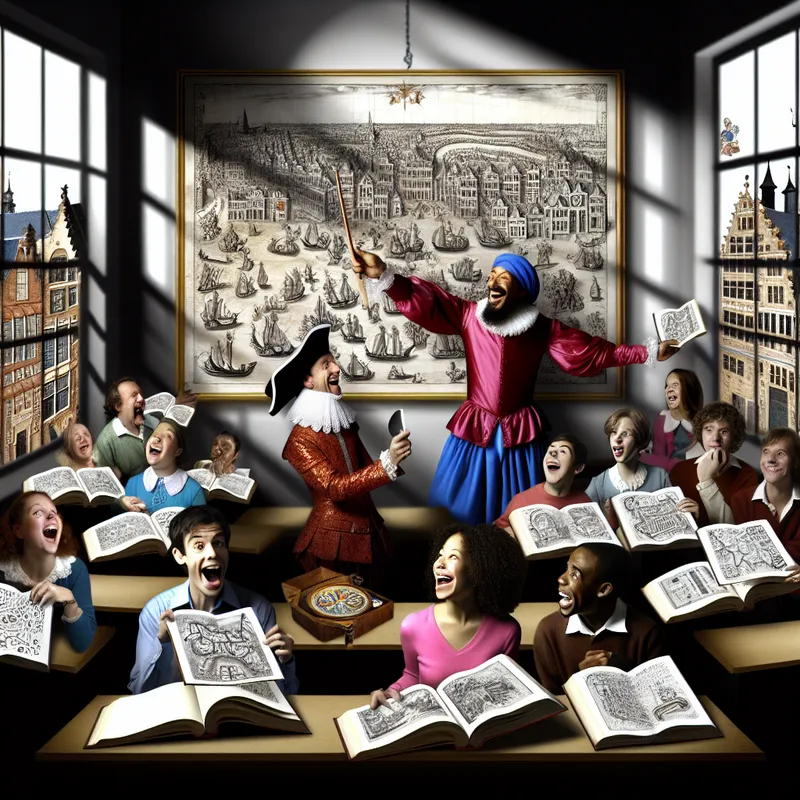 Een levendige klaslokaal waar een enthousiaste leraar boeken uitdeelt aan studenten. Elk boek bevat een ingewikkeld ontwerp van een schatkaart.