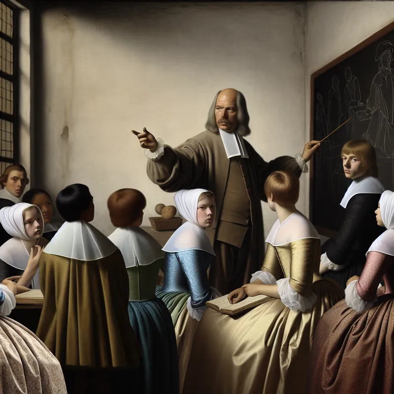 Een elegant geklede leraar in een vintage klaslokaal, die aandachtige studenten begeleidt bij een complex onderwerp op een schoolbord.