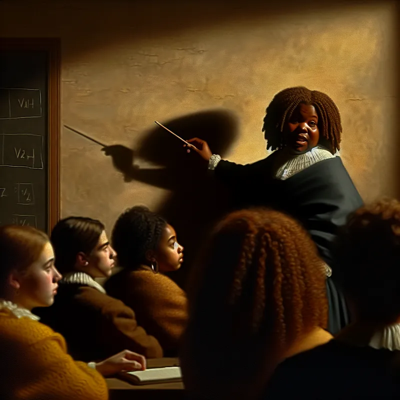 Een leraar geeft uitleg aan betrokken studenten in een sfeervolle klaslokaal met een krijtbord.