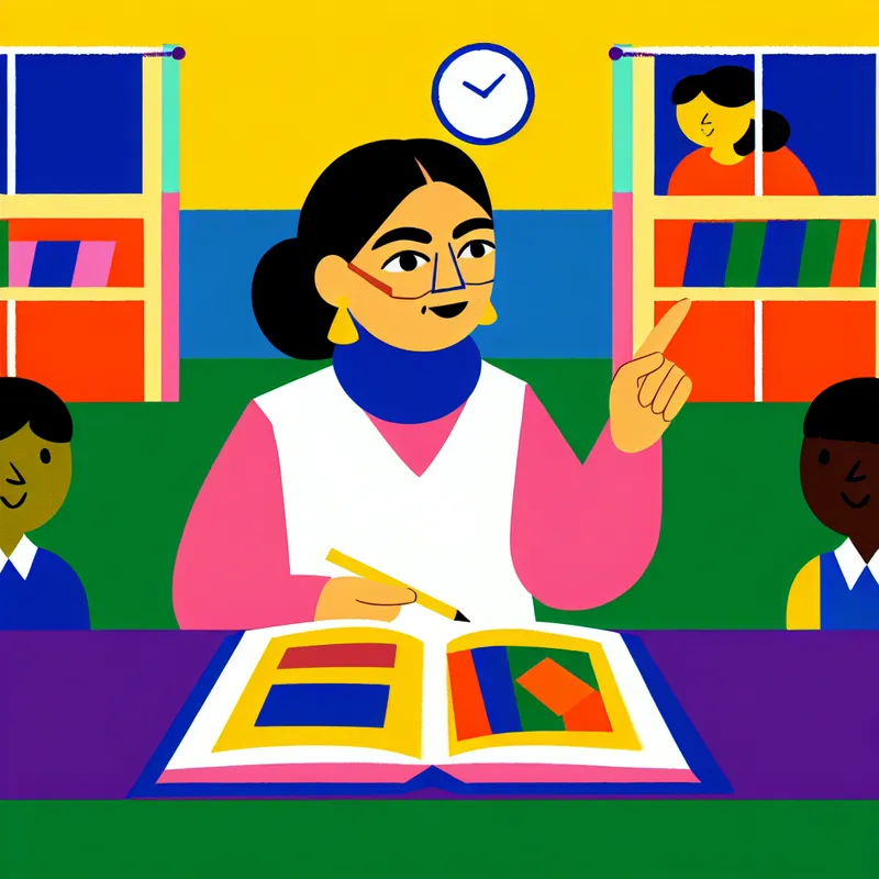 Minimalistische illustratie van een leraar die in een kleurrijk klaslokaal een open boek aanwijst met belangrijke termen, terwijl cartoonachtige leerlingen aandachtig kijken.