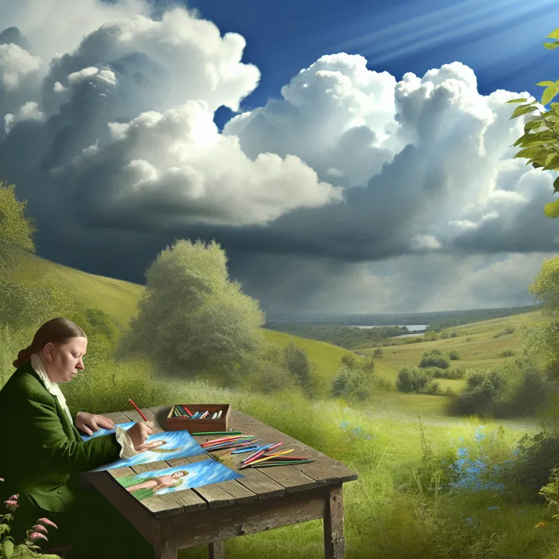 Een leraar die buitenshuis de schriftelijke werken van studenten corrigeert, omringd door groene natuur.