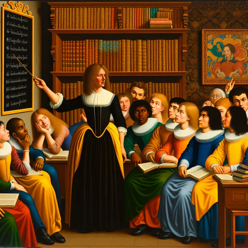 Een lerares in een klassiek klaslokaal wijst naar een schoolbord vol antwoorden en tekeningen, terwijl leerlingen aandachtig toekijken.