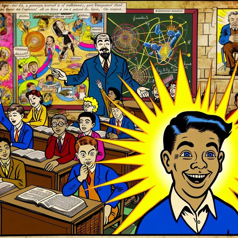 Een cartoonachtige afbeelding van een lerares voor een schoolbord, waarin kleurrijke diagrammen een complex concept uitleggen, terwijl een leerling met een verraste uitdrukking begrijpt wat er wordt geleerd.