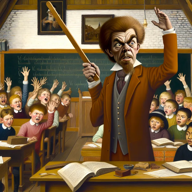 Groep leerlingen en een leraar rondom een tafel in een drukke klaslokaal, met enthousiaste gezichten en een krijtbord op de achtergrond