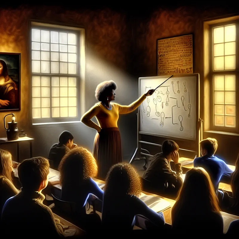 Een lerares in een goed verlichte klaslokaal, die een les uitlegt aan aandachtige middelbare scholieren.