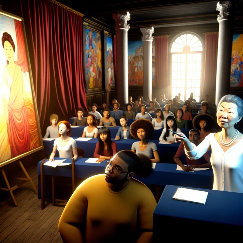 Vrouwelijke lerares geeft een scherpe kritiek in een klaslokaal met diverse leerlingen die aandachtig luisteren.