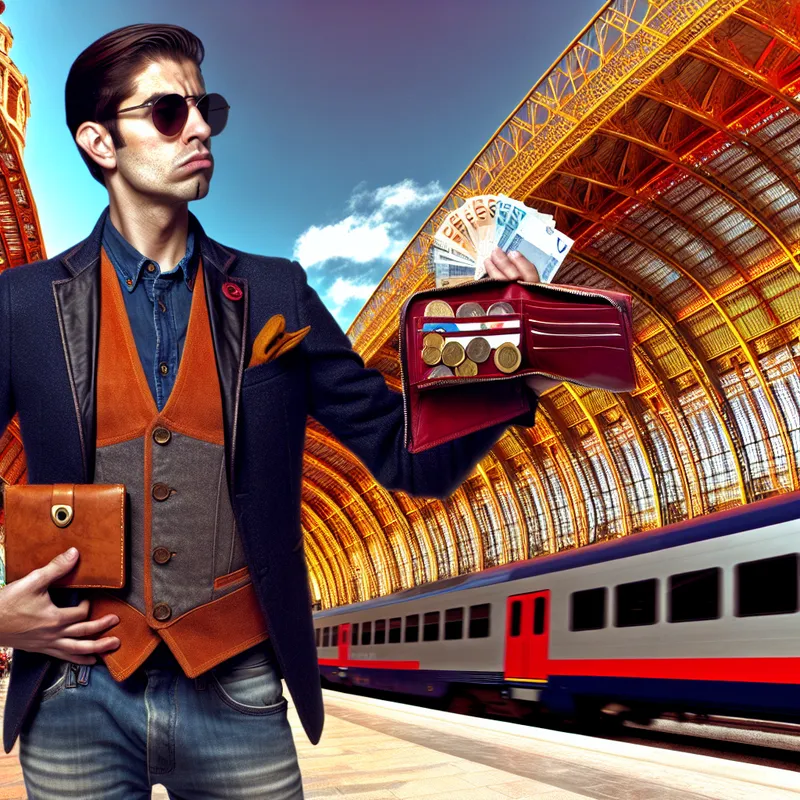 Een stijlvolle persoon houdt een open leren beurs met kleurrijke munten vast op een druk treinstation.