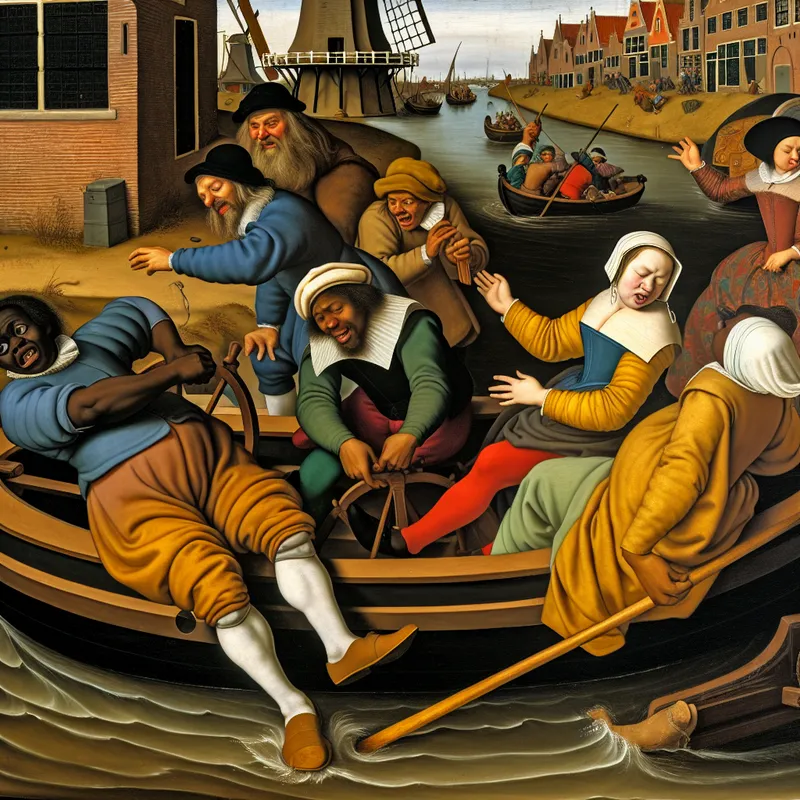Chaotisch tafereel van een groep mensen in 17e-eeuwse kleding die moeite hebben met het besturen van een kleine houten sloep op een druk kanaal