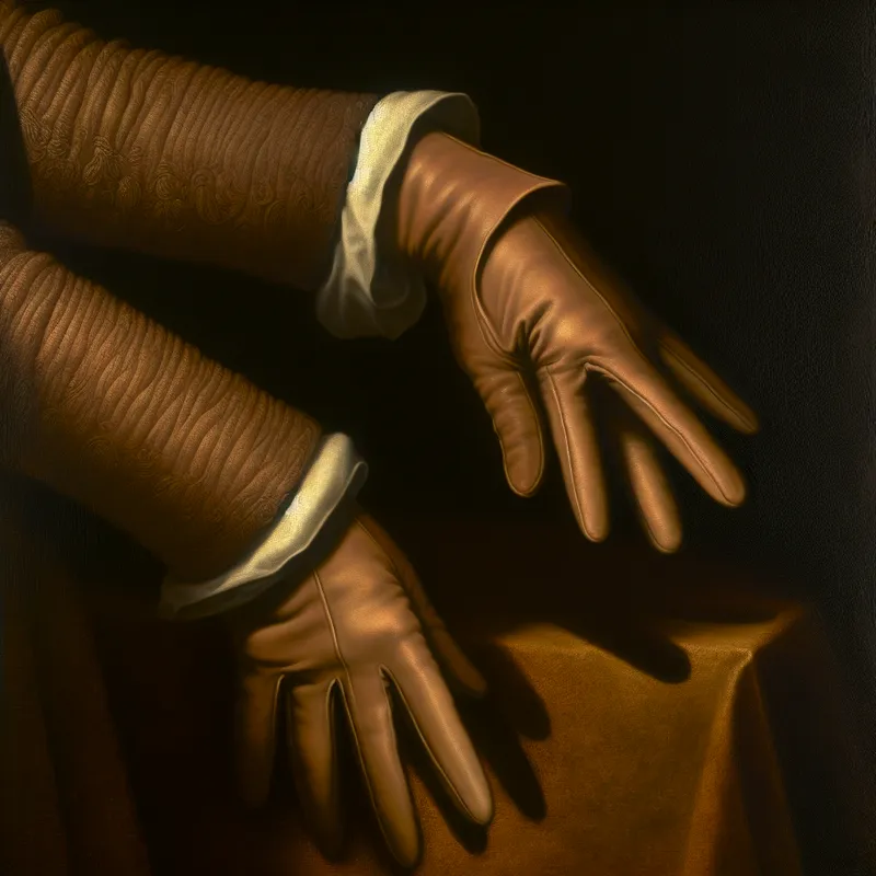 Close-up van elegante leren handschoenen met een te lange vingerdelen, geïnspireerd op Vermeer