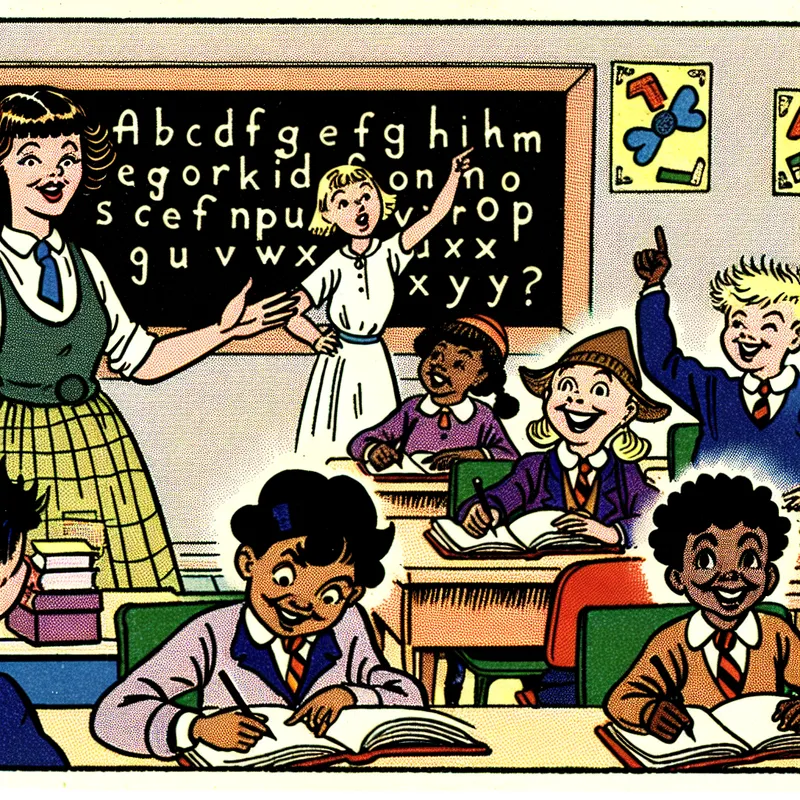 Een enthousiaste lerares geeft dictaat aan een diverse groep kinderen in een kleurrijke klas. De leerlingen schrijven in hun notitieboeken terwijl één leerling zijn hand opsteekt, zichtbaar verrast.