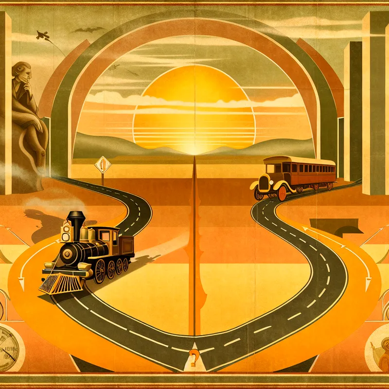 Illustratie van een kronkelende weg met een trein en auto als metafoor voor het leven, stijlfiguur vergelijking