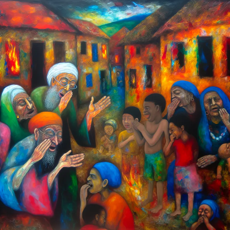 Abstract expressionistisch dorpstafereel met levendige figuren die een eeuwigdurend verhaal doorgeven, symboliserend dat iets nog steeds leeft onder de mensen