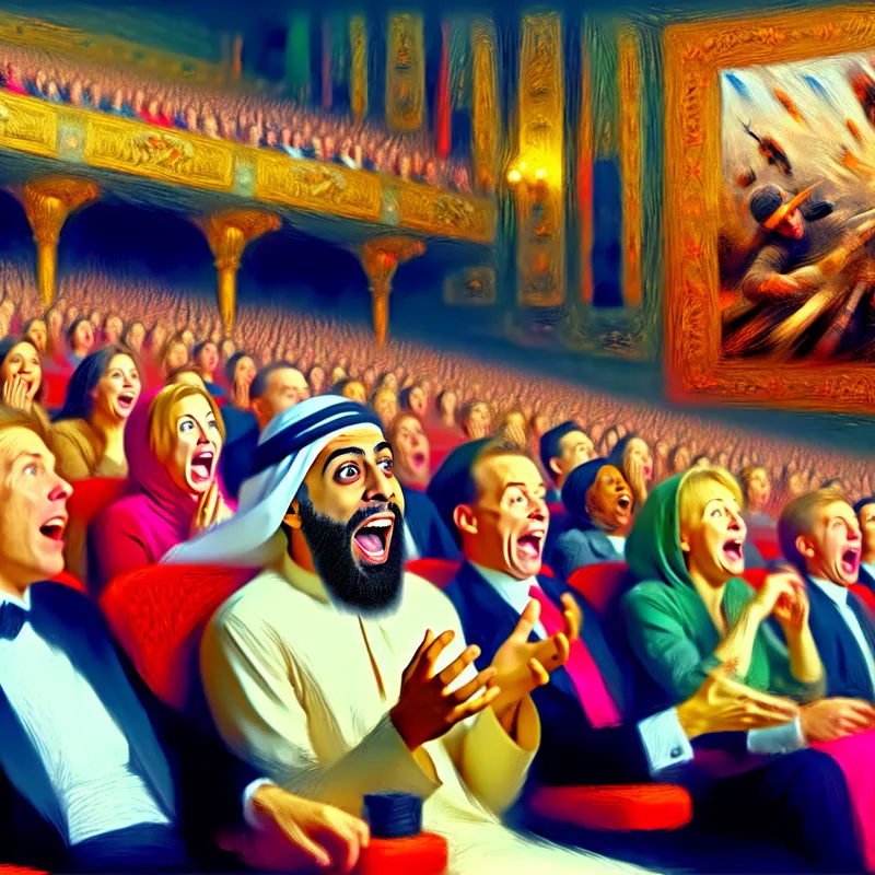 Een persoon kijkt enthousiast naar een spannende film in een levendige bioscoop, met zichtbare opwinding en verbazing.