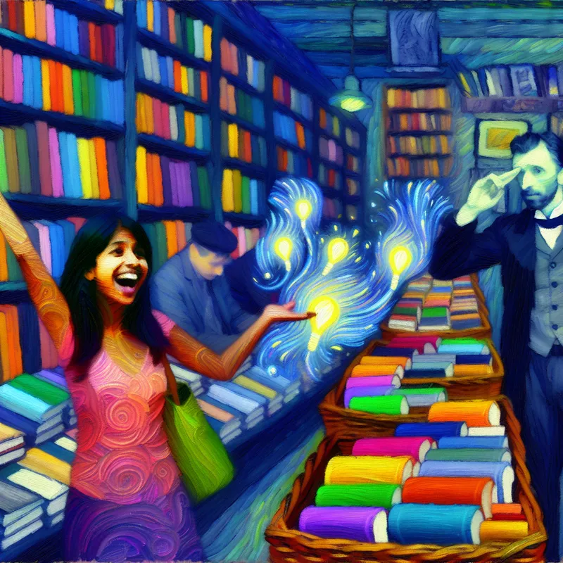 Vibrante boekhandel met kleurrijke boeken, enkele stralend in het licht en andere somber.