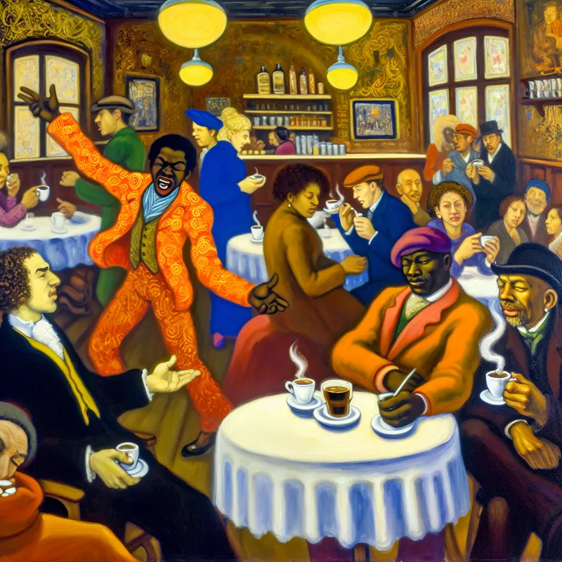 Drukke café scene met diverse mensen in gesprek, twee individuen gefocust met een kop koffie en thee.