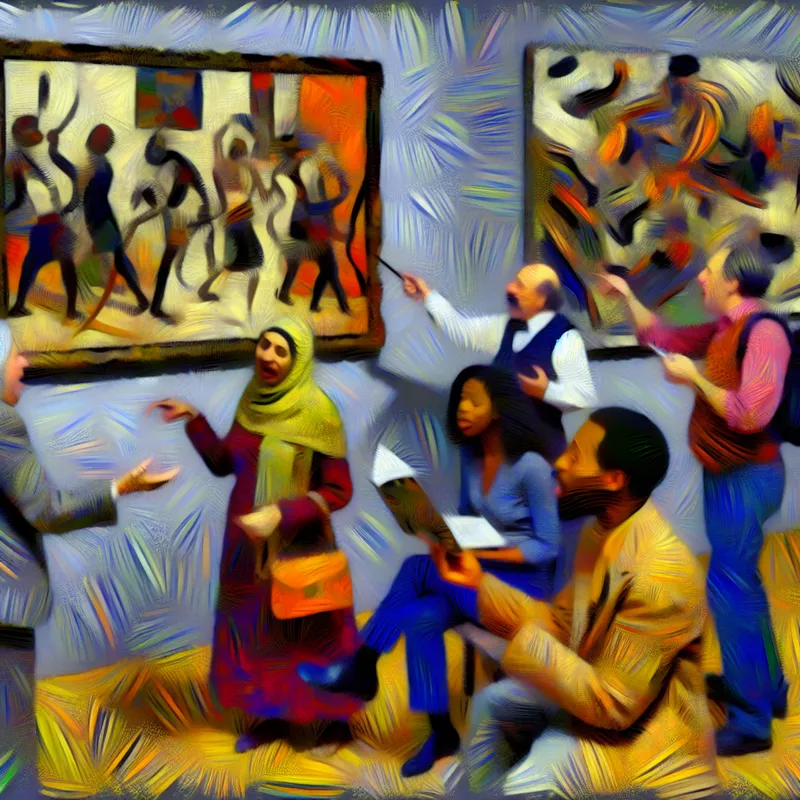 Abstracte weergave van een levendige kunsttentoonstelling met bezoekers van diverse achtergronden die met kleurrijke kunstwerken omgaan.