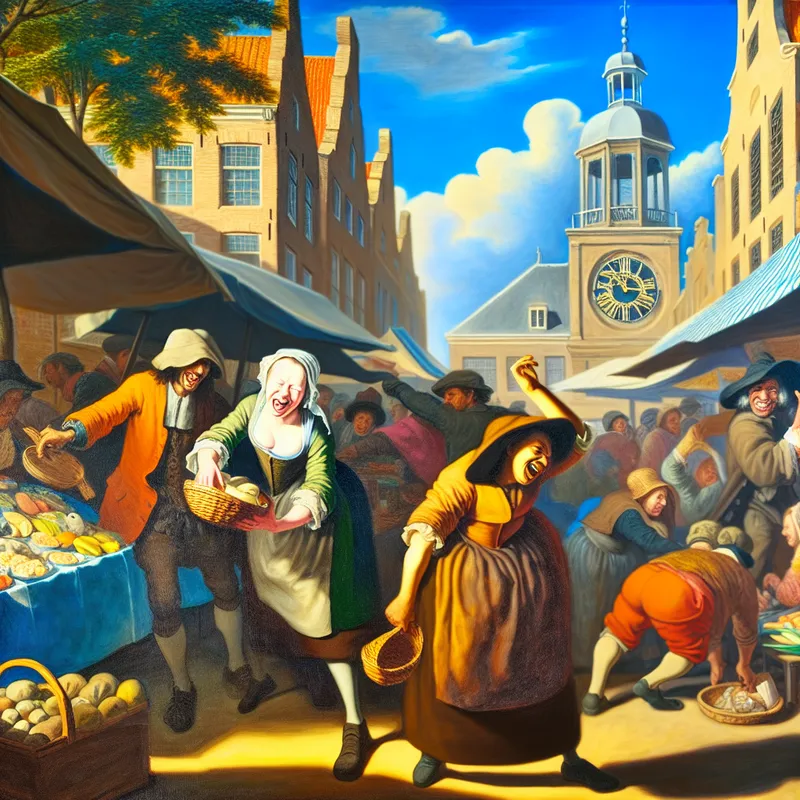 Een levendige marktscene met een vrouw met een boodschappenmand die interactie heeft met een verkoper.