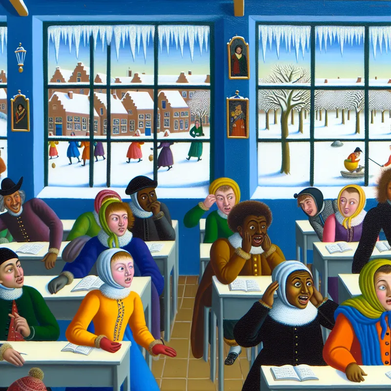 Een levendige winterklas met enthousiaste studenten, sneeuwvlokken buiten en icicles aan de ramen.