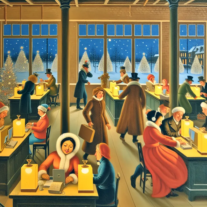 Jonge persoon in een levendige winterse kantooromgeving, omringd door collega's tijdens een stage.