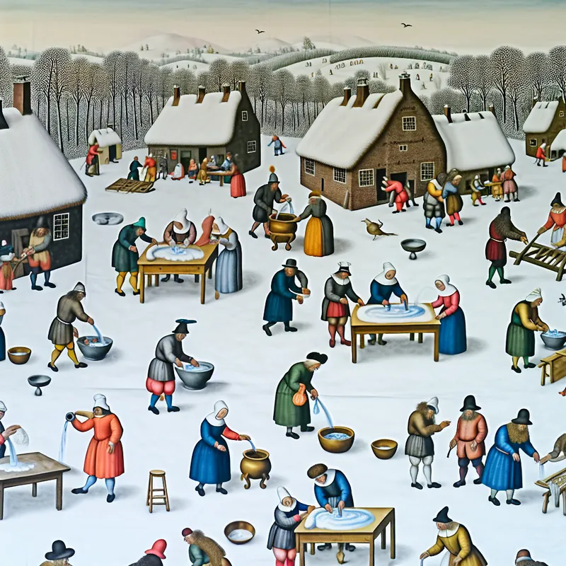 Een winterse scène met mensen die interactie hebben met oude houten meubels die tekenen van veroudering vertonen, zoals vochtbeschadiging.