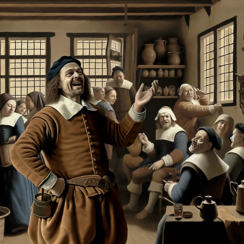 17e-eeuws Nederlands huishouden vol activiteiten, geïnspireerd door Jan Steen, met een man die iets bevestigt