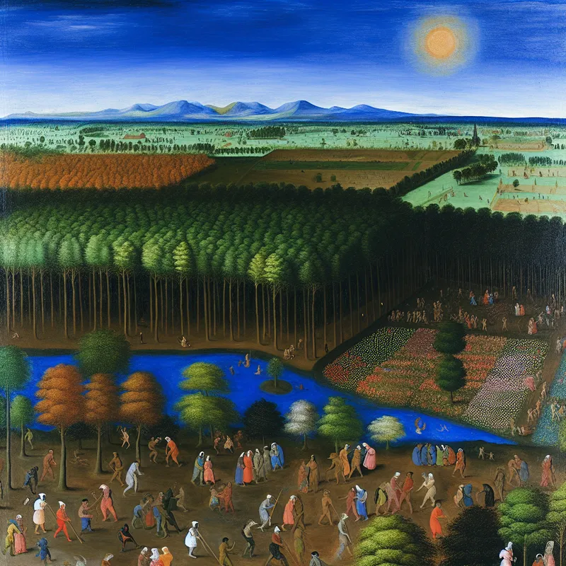 Een levendig landschap van de aarde, met planten, mensen die bomen planten en een blauwe lucht.