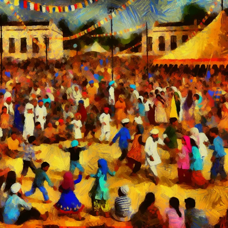 Een levendig festival met een grote menigte rond een kleurrijk podium, geïnspireerd door de stijl van Frans Hals.