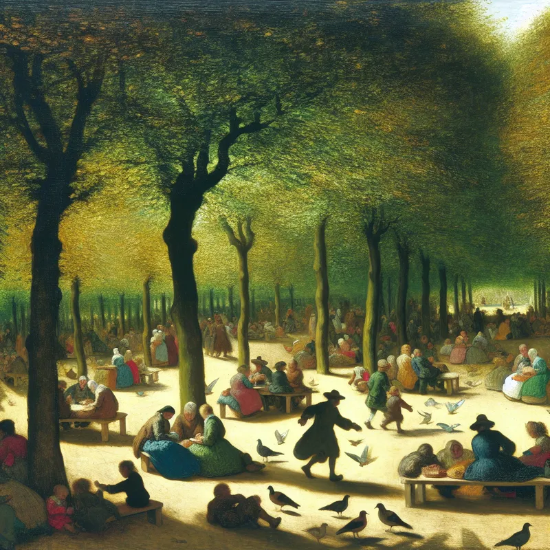 Levendige buiten scène met mensen die genieten van de open lucht in een park met banken en bomen.