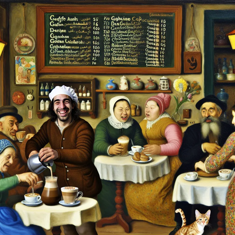 Een druk café met een chalkboard menu vol koffie categorieën, waaronder cappuccino en latte. Een blijde barista bereidt een cappuccino met stoom terwijl vrienden aan een tafel genieten.