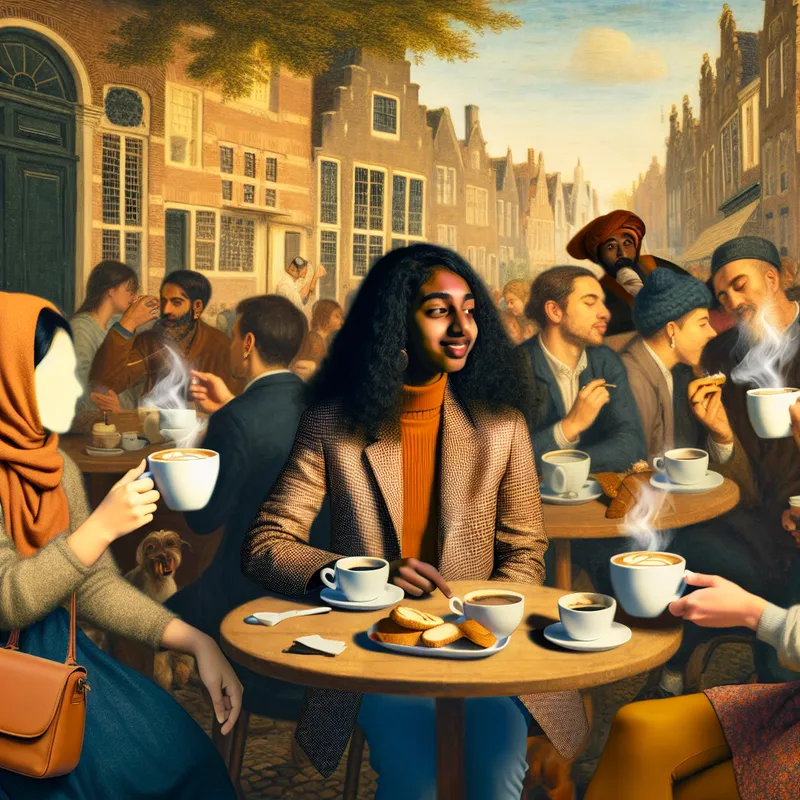 Jonge vrouw met casual outfit en blazer geniet van koffie met vrienden in een levendig café