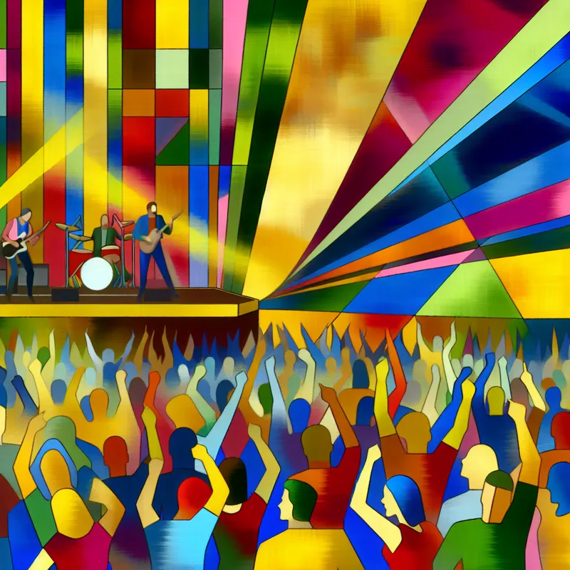 Diverse menigte genietend van een levendig concert met enthousiaste concertgangers die springen en hun handen in de lucht houden.