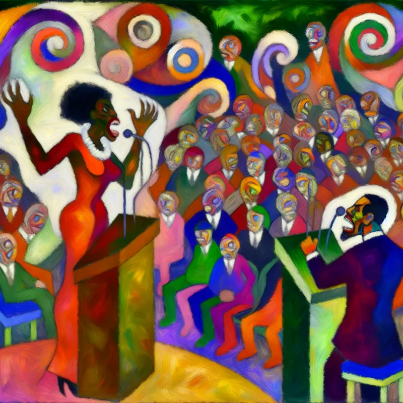 Abstracte weergave van een levendig debat met twee sprekers, in de stijl van Karel Appel.